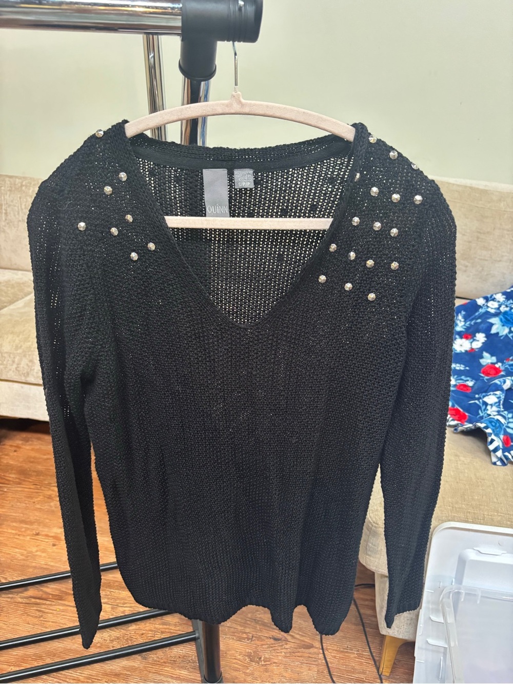 Quinn Black Long-Sleeve V-Neck Knit Dress with Shoulder Studs